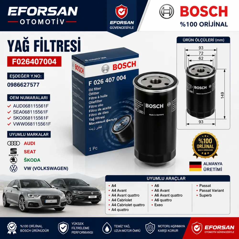 Yağ Filtresi Volkswagen Audi Uyumlu F026407004