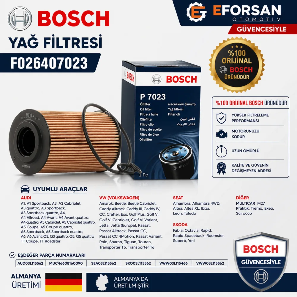 Bosch F026407023 Yağ Filtresi Volkswagen Audi Seat Skoda 1.6 Tdı 2.0 Tdı Uyumlu Motor Yağ Filtresi F026407023