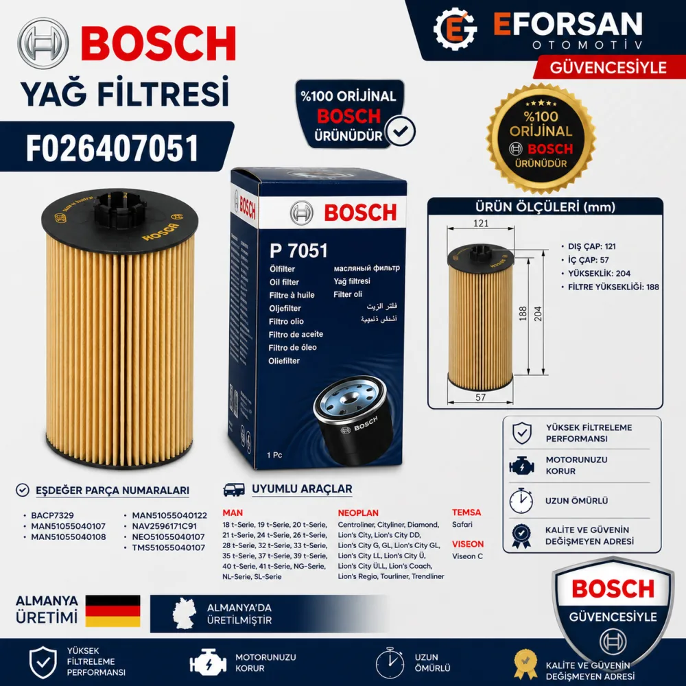 P7329 Yağ Filtresi Man Temsa Uyumlu F026407051