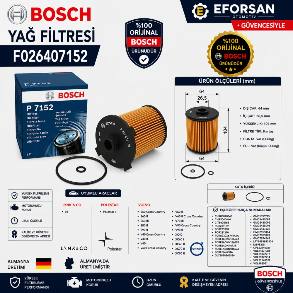 Yağ Filtresi Volvo Uyumlu F026407152