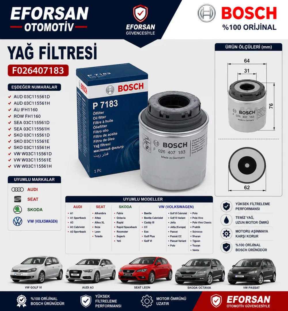 Yağ Filtresi Volkswagen Golf Skoda Uyumlu F026407183