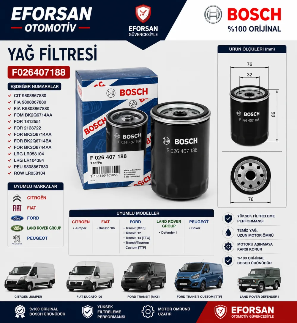 Yağ Filtresi Land Rover Fiat Uyumlu F026407188