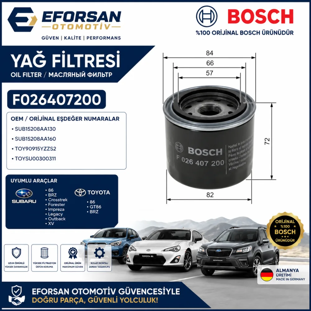 Yağ Filtresi Toyota Subaru Uyumlu F026407200