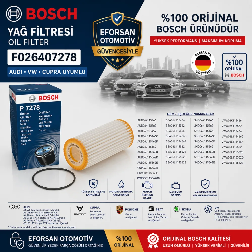 Yağ Filtresi Audi Volkswagen Cupra Uyumlu F026407278