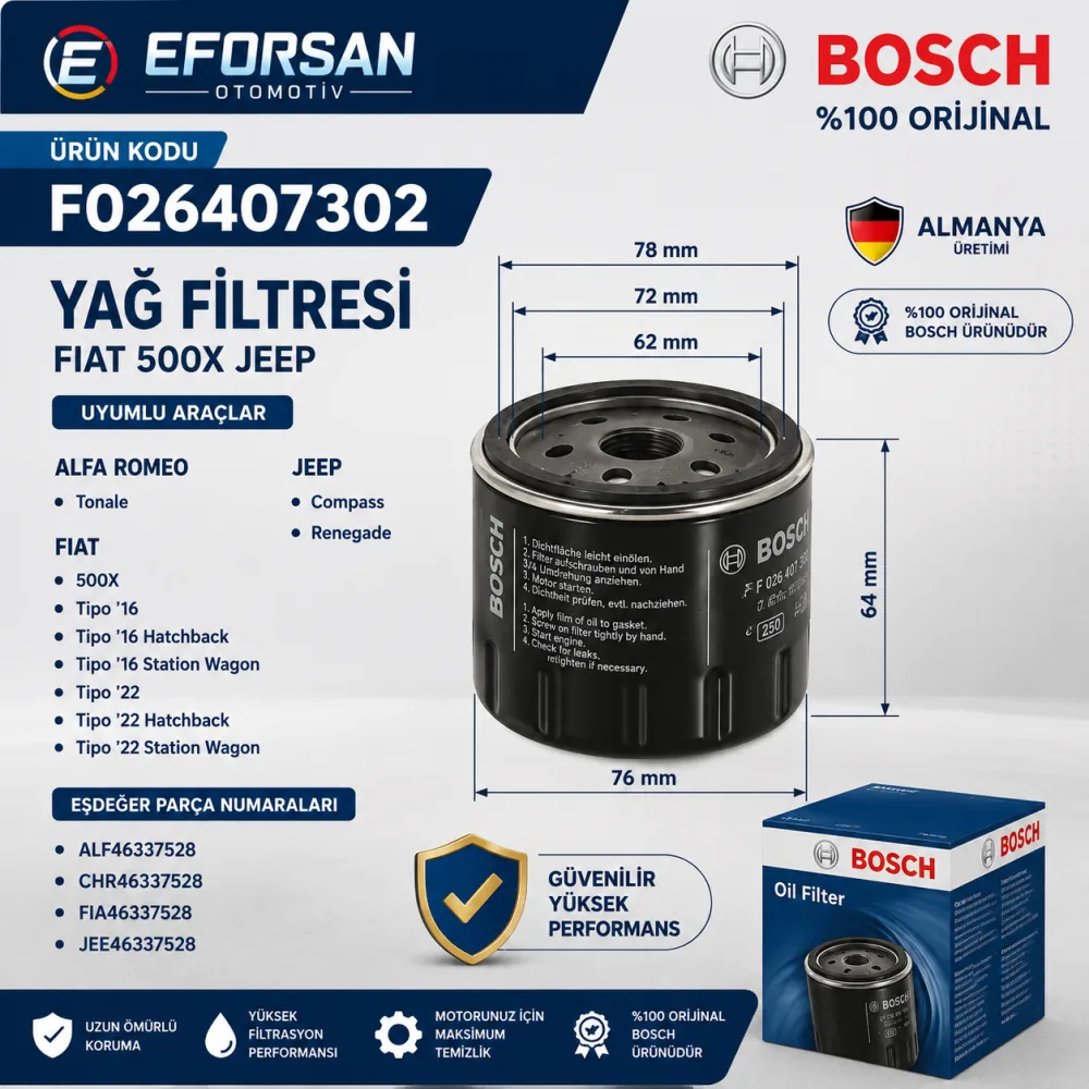 Yağ Filtresi Fiat Jeep Uyumlu F026407302